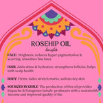 Woo World of Oils Rosehip Oil benefits chart for face, hair and body, sourced in Chile