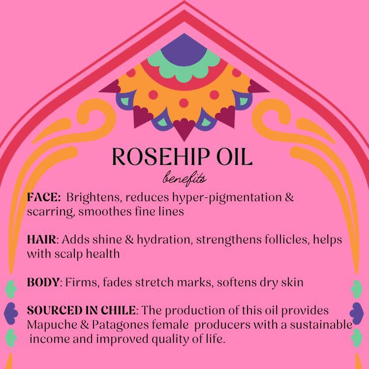 Woo World of Oils Rosehip Oil benefits chart for face, hair and body, sourced in Chile