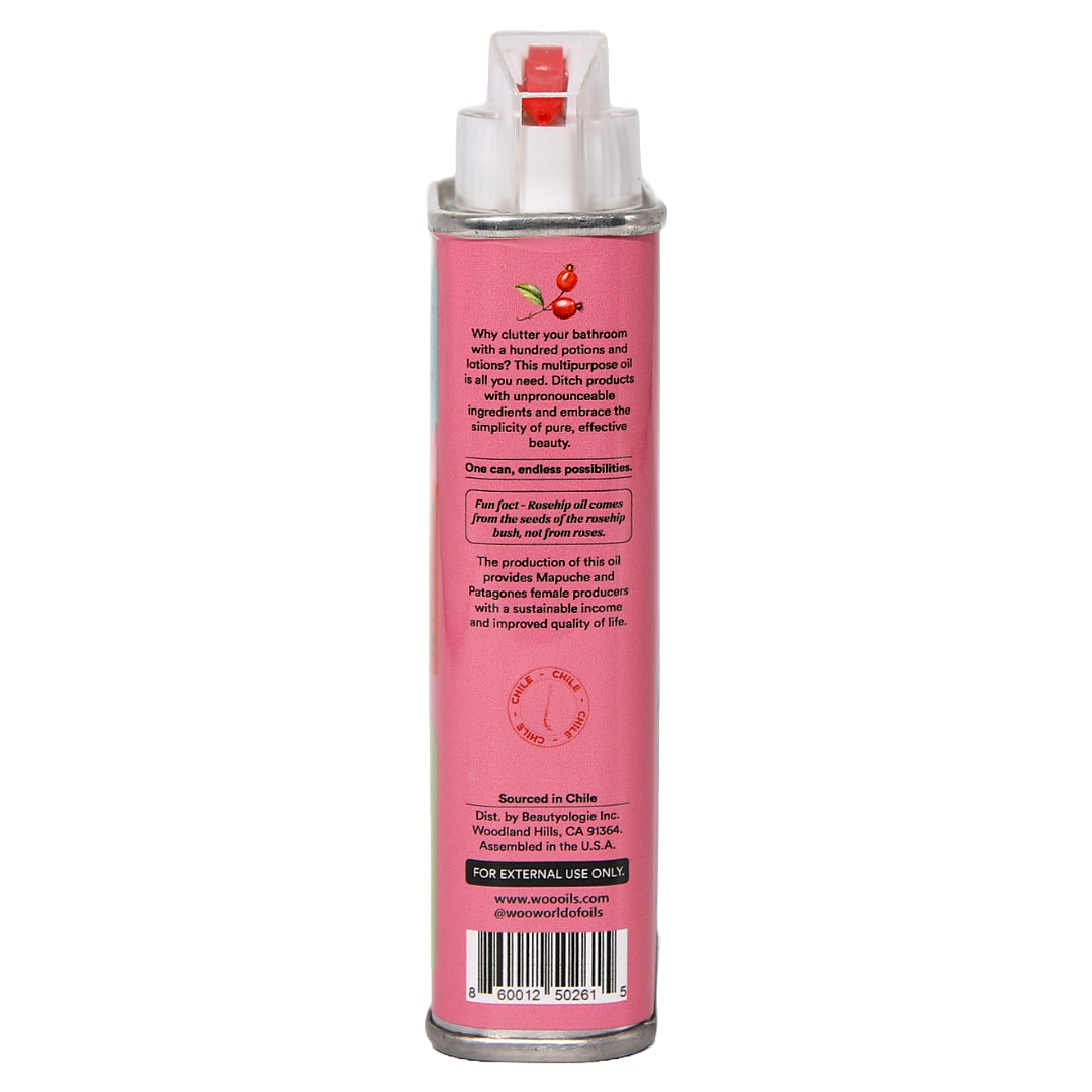 Woo World of Oils Organic Rosehip Oil pink tin can, back view showing the ingredients