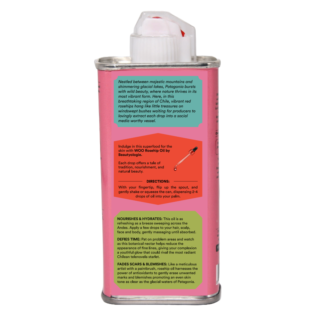 Woo World of Oils Organic Rosehip Oil pink can, side view showing the directions for use