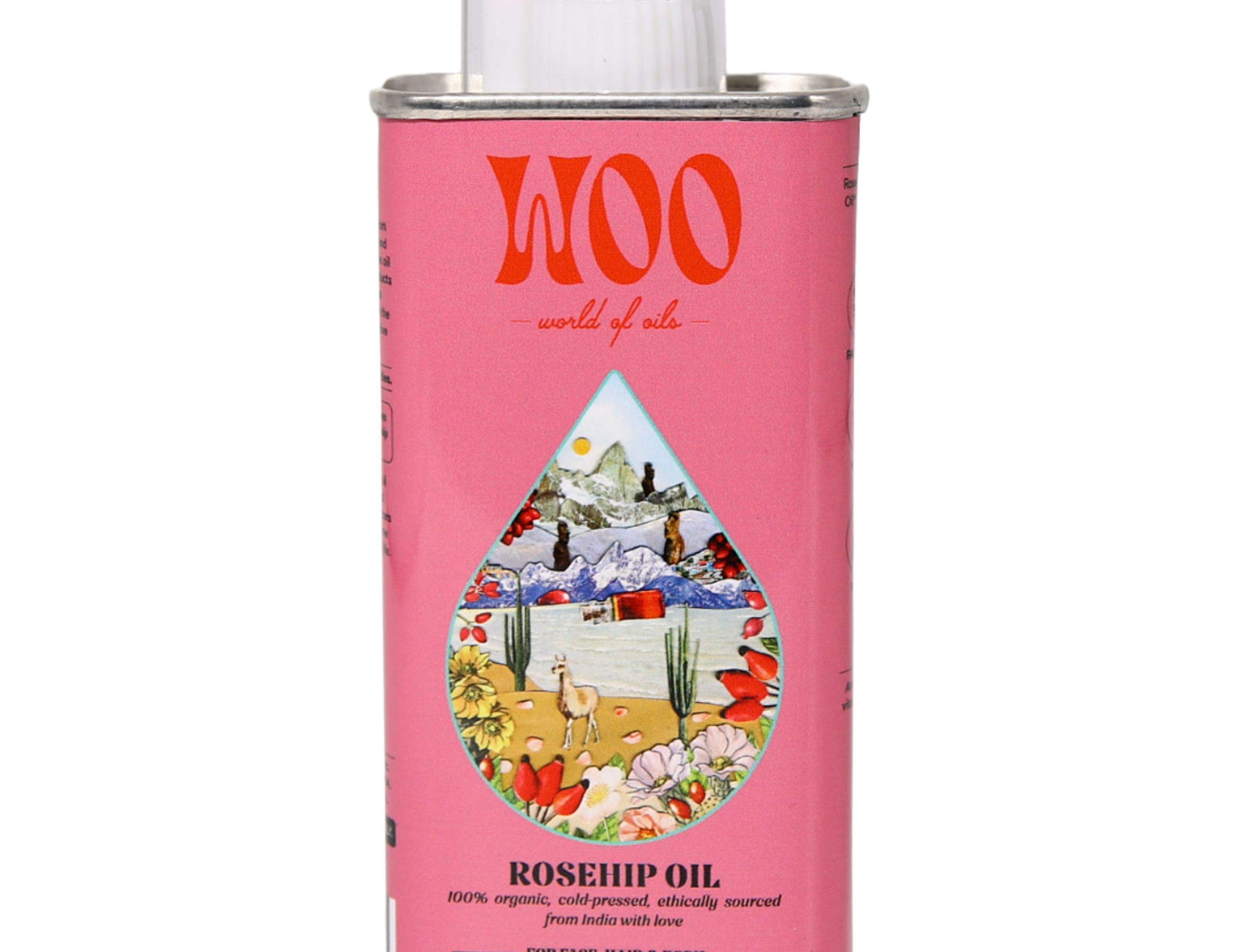 Woo World of Oils Organic Rosehip Oil in a pink tin can with a lighter-style cap, front view