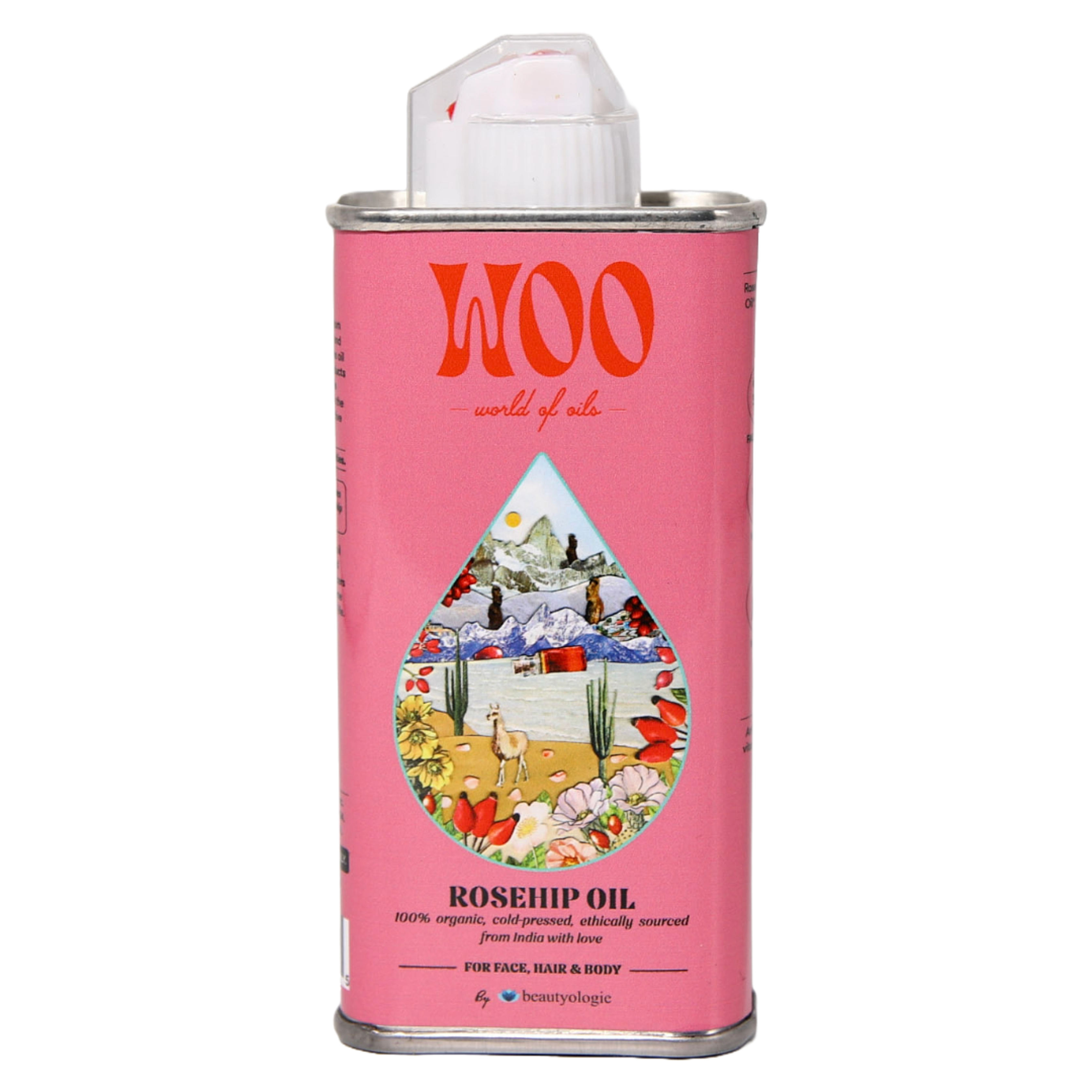 Woo World of Oils Organic Rosehip Oil in a pink tin can with a lighter-style cap, front view