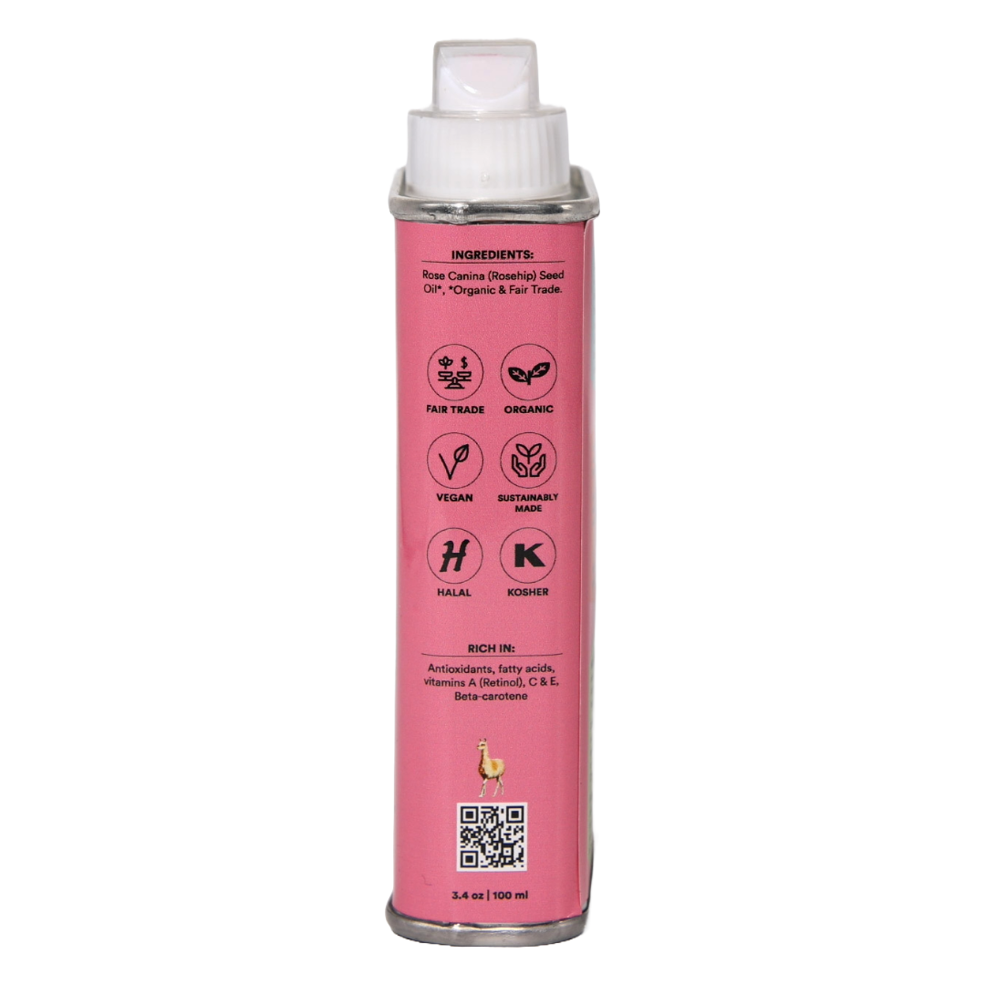 Woo World of Oils Organic Rosehip Oil pink can, side view showing the ingredients and certifications