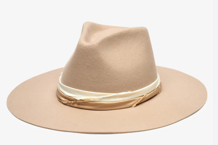 WYETH Austin Hat in Taupe, wide-brim wool fedora with a cream satin band
