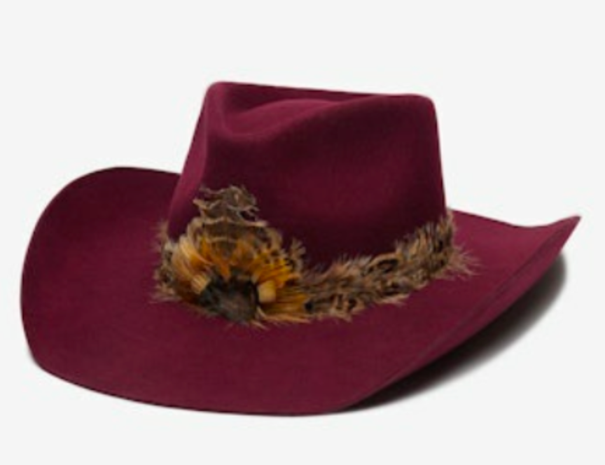 WYETH Cassidy hat in Wine, a burgundy felt wide-brim hat with a dried floral and feather band