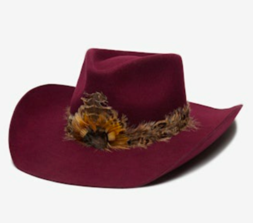 WYETH Cassidy hat in Wine, a burgundy felt wide-brim hat with a dried floral and feather band
